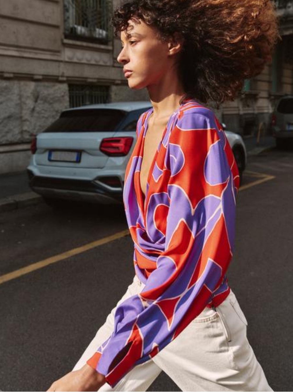 Zara Red and Purple Abstract Draped V-Neck Blouse